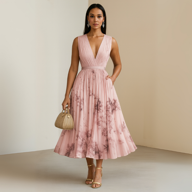 Painted Reverie Draped V-Neck Midi Dress