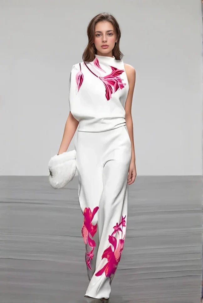 Blooming Allure Floral-Embellished Wide-Leg Pants