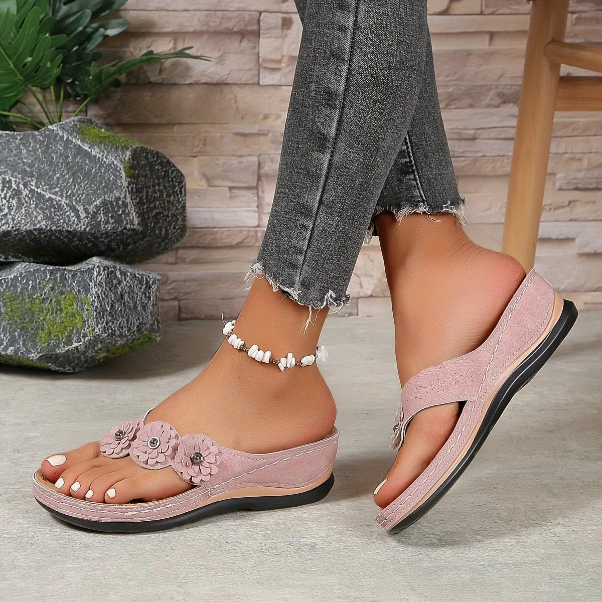 Floral Wedge Sandals with Blooming Charm