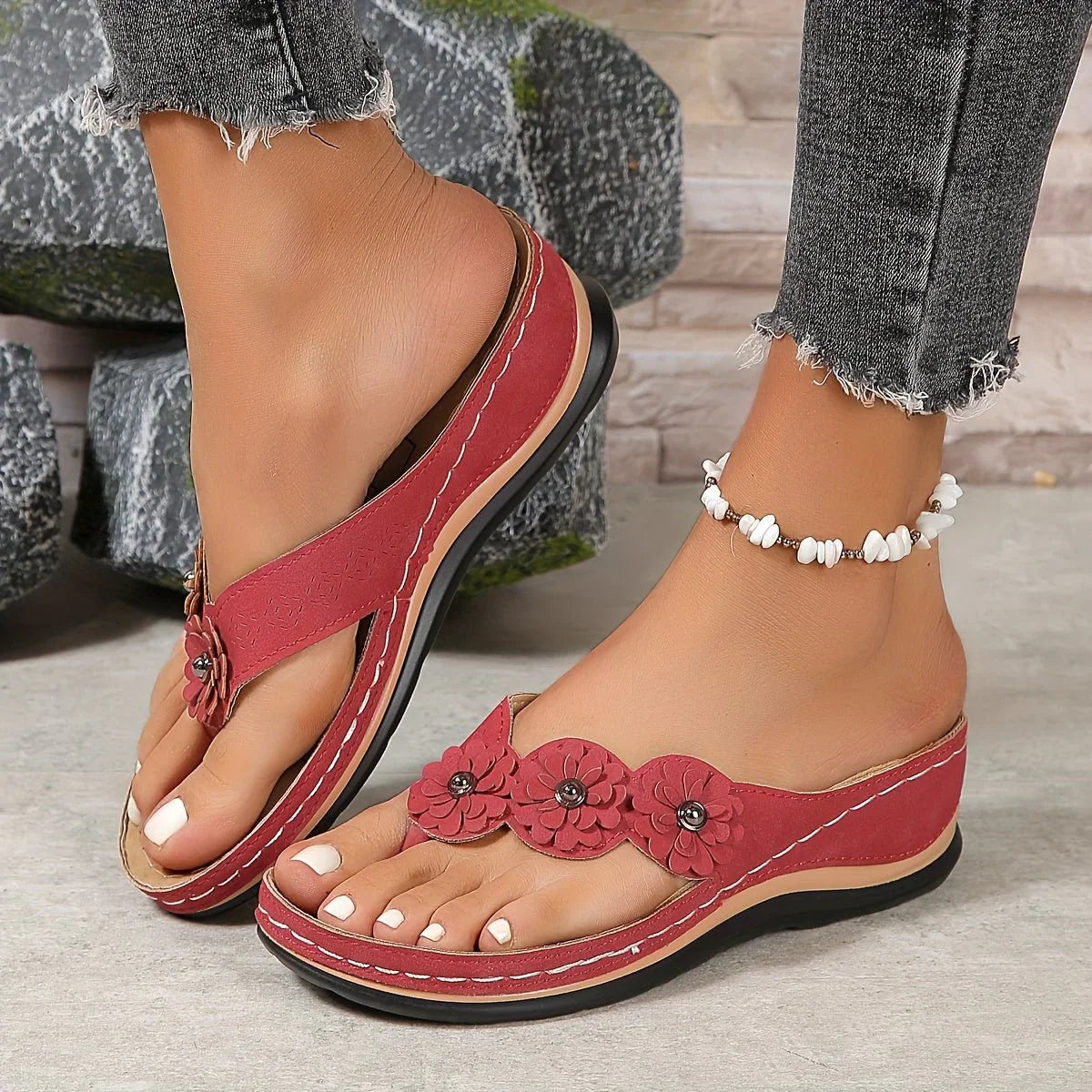 Floral Wedge Sandals with Blooming Charm