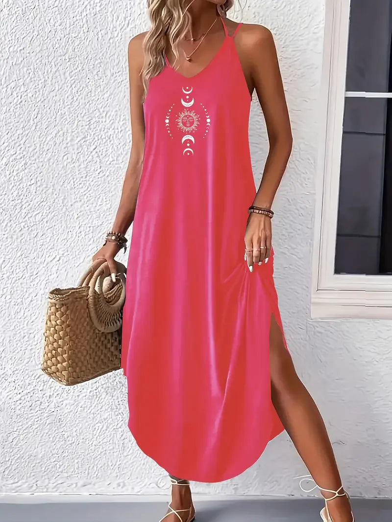 Bohemian Eclipse Symbol-Print Midi Dress