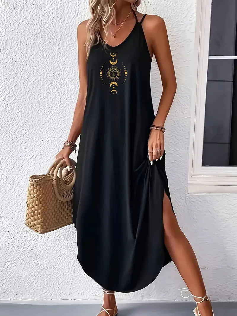 Bohemian Eclipse Symbol-Print Midi Dress