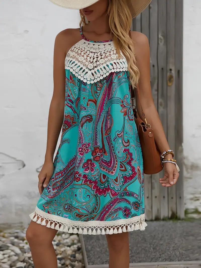 Bohemian Whimsy Crochet Trim Mini Dress