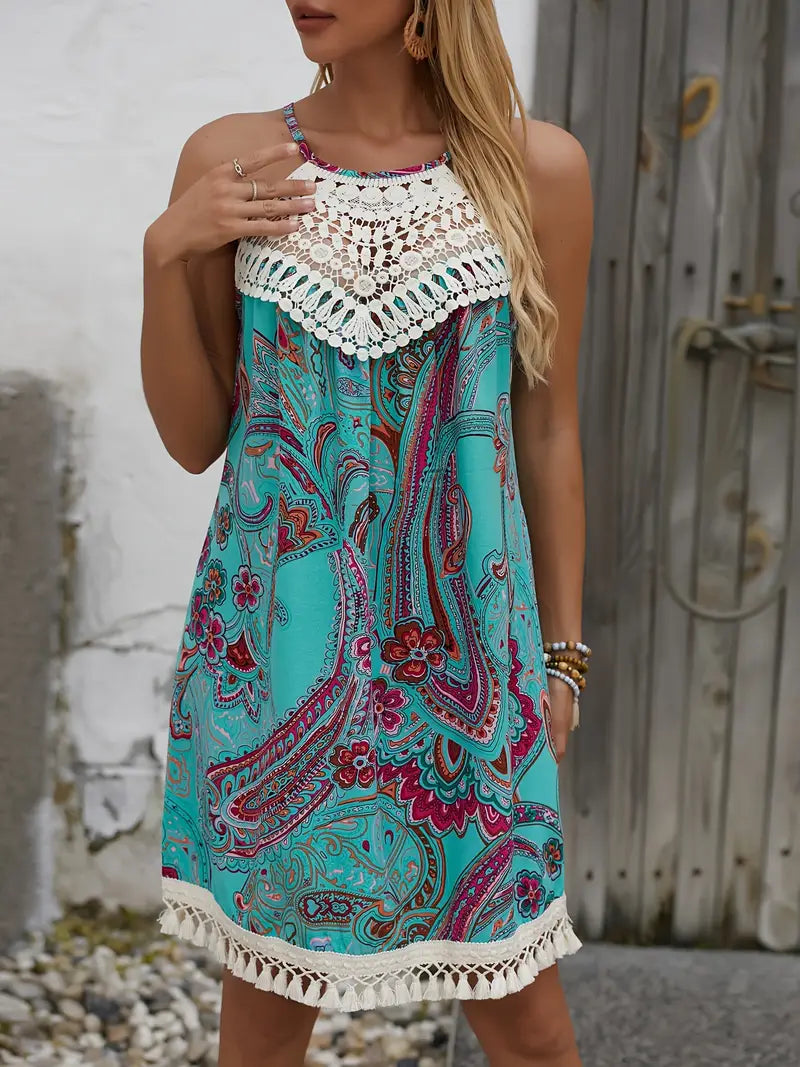 Bohemian Whimsy Crochet Trim Mini Dress