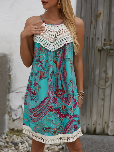 Bohemian Whimsy Crochet Trim Mini Dress