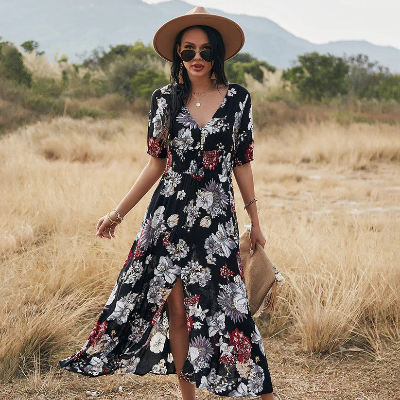Bohemian Whisper Floral Split Maxi Dress