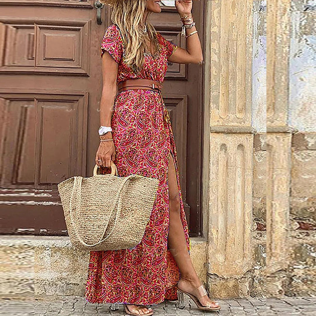 Bohemian Whispers Front-Slit Maxi Dress