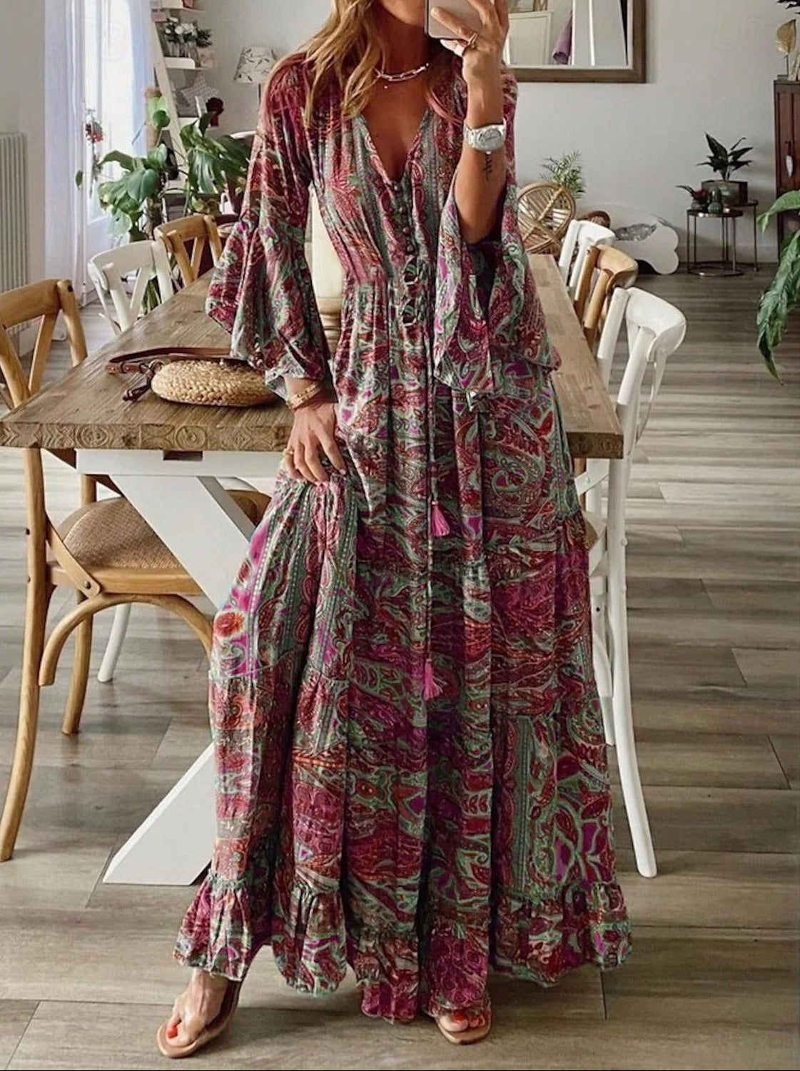 Bohemian Whispers Ruffled Maxi Dress