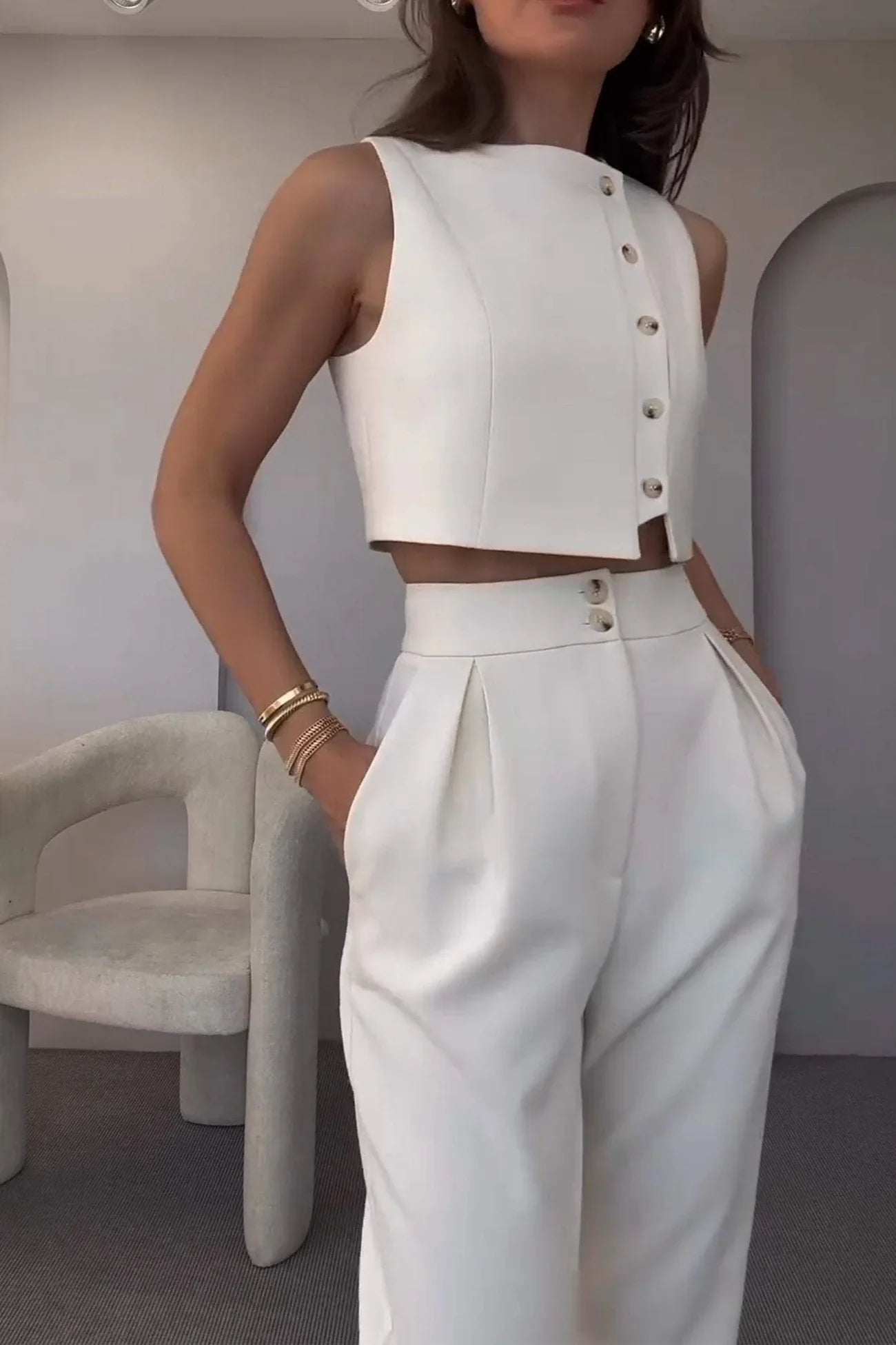Classy Buttoned Crop Suit Set
