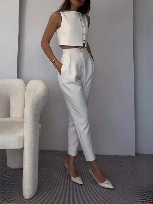 Classy Buttoned Crop Suit Set