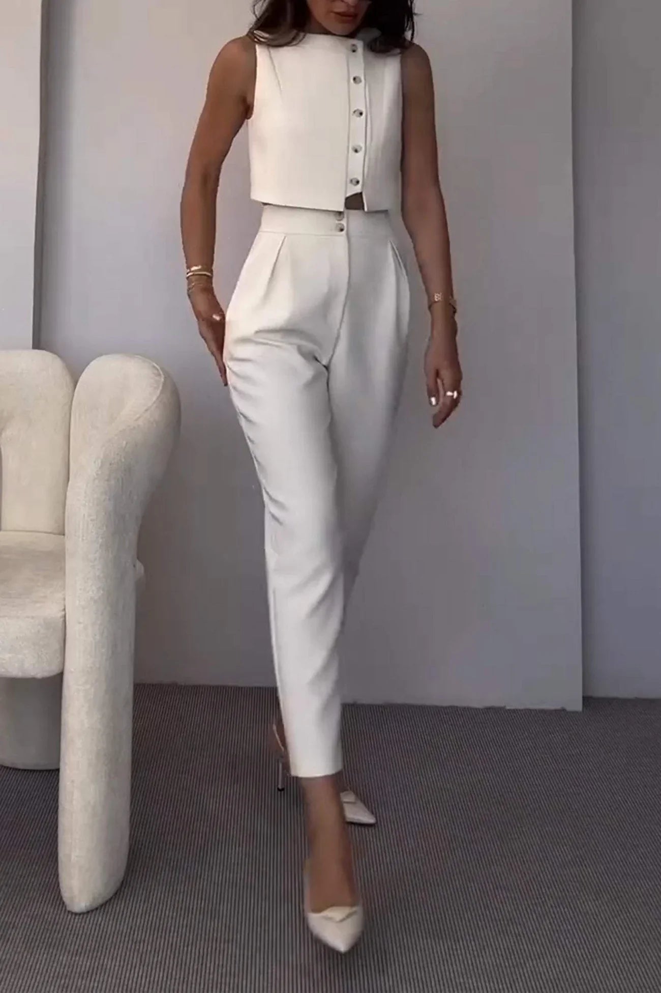 Classy Buttoned Crop Suit Set