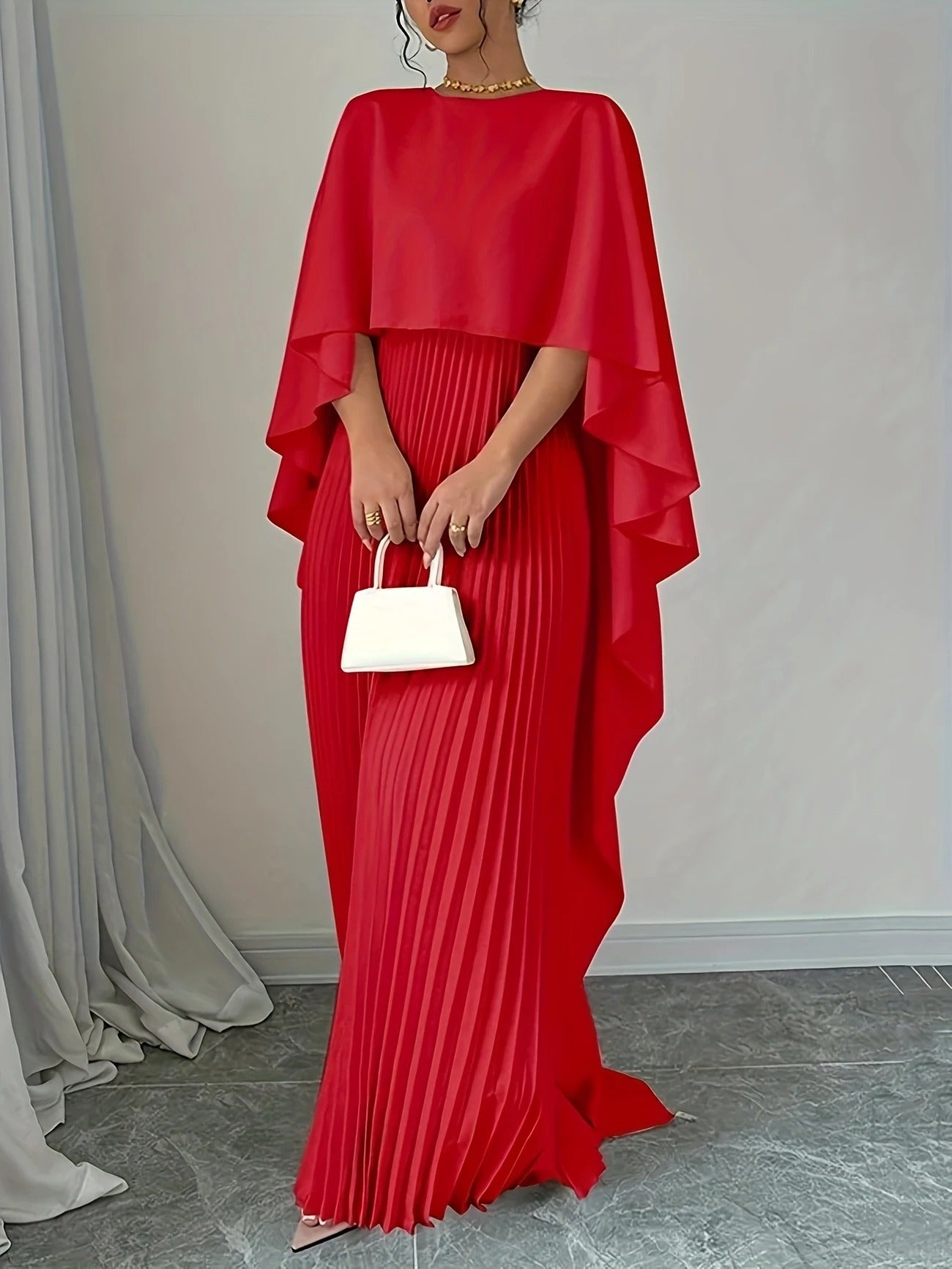 Crimson Grace Pleated Cape Dress