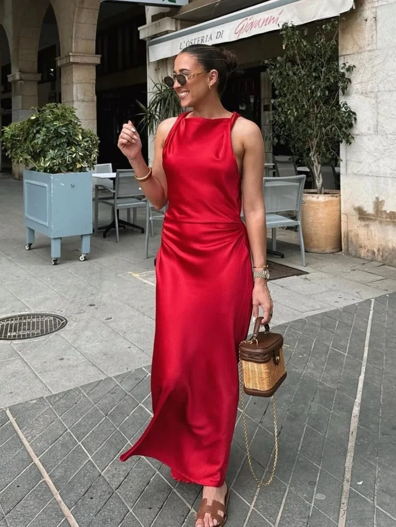 Crimson Whispers Halter Maxi Dress