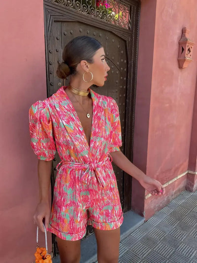 Electric Bloom Belted Print Jumpsuit