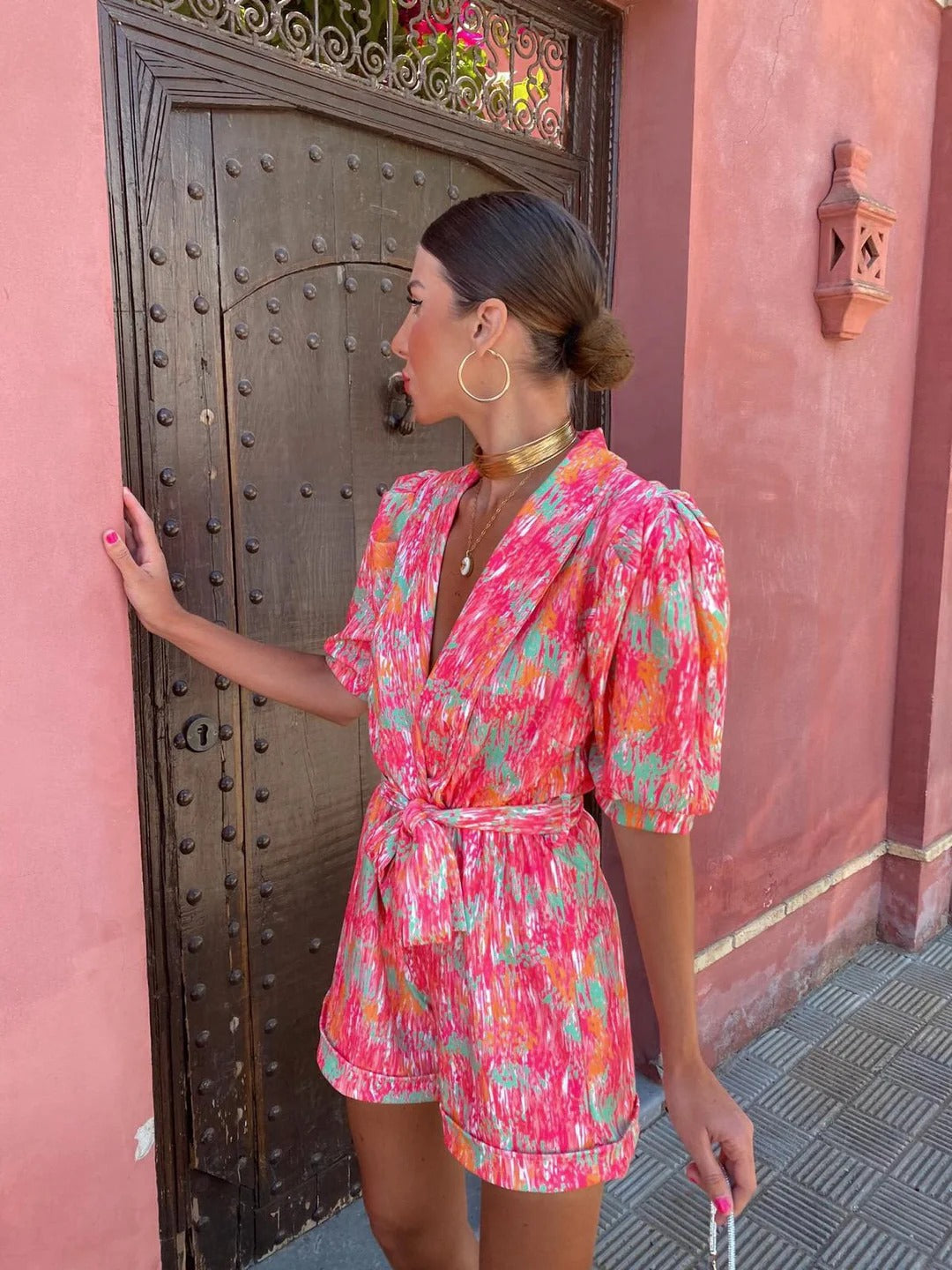 Electric Bloom Belted Print Jumpsuit