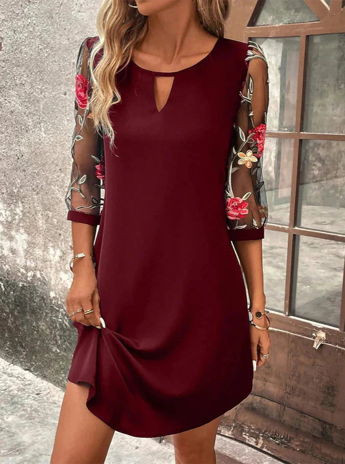 Enchanted Bloom Sheer-Sleeve Mini Dress