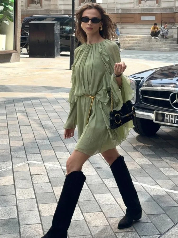 Ethereal Grace Pleated Chiffon Mini Dress