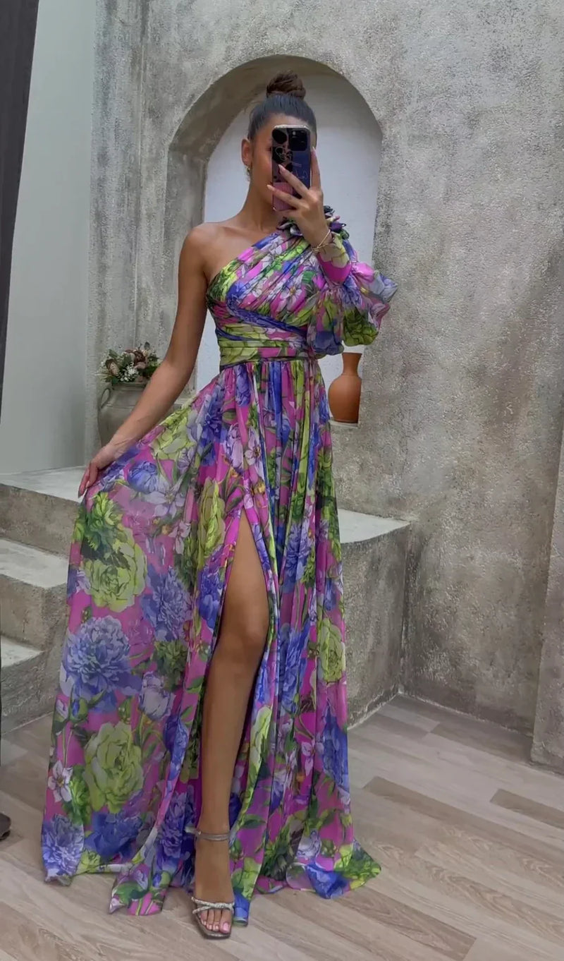 Floral Symphony One-Shoulder Maxi Dress