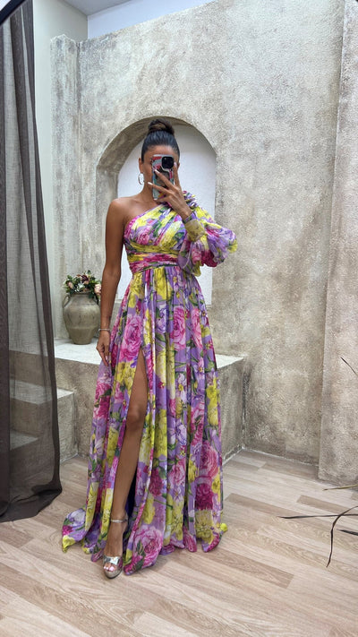 Floral Symphony One-Shoulder Maxi Dress
