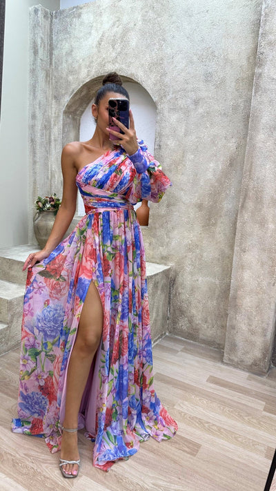 Floral Symphony One-Shoulder Maxi Dress