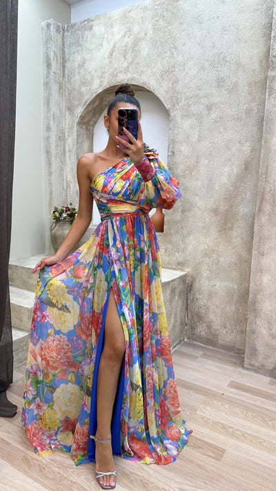 Floral Symphony One-Shoulder Maxi Dress