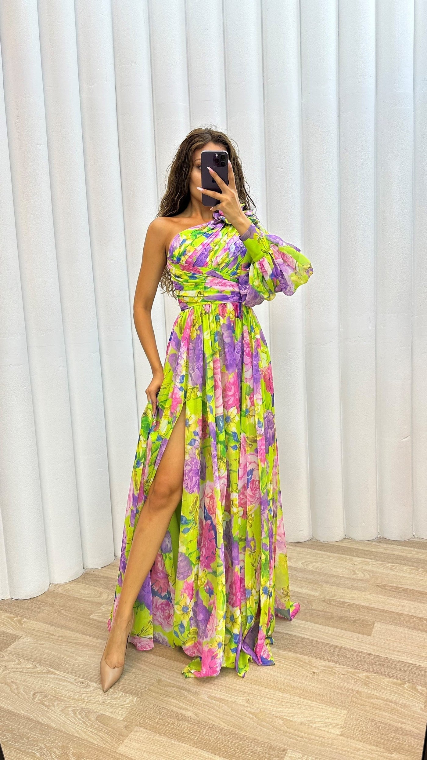 Floral Symphony One-Shoulder Maxi Dress