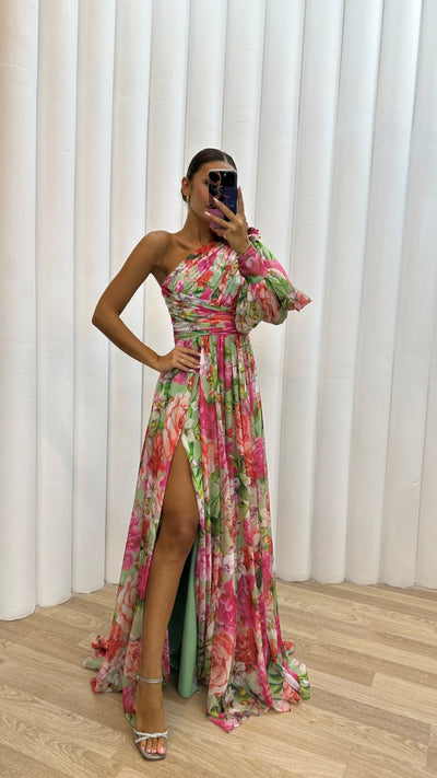 Floral Symphony One-Shoulder Maxi Dress