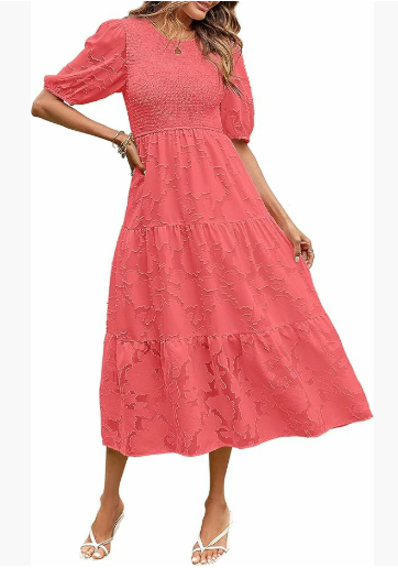 Garden Whimsy Textured Puff Sleeve Midi Dress