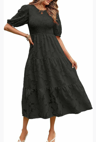 Garden Whimsy Textured Puff Sleeve Midi Dress