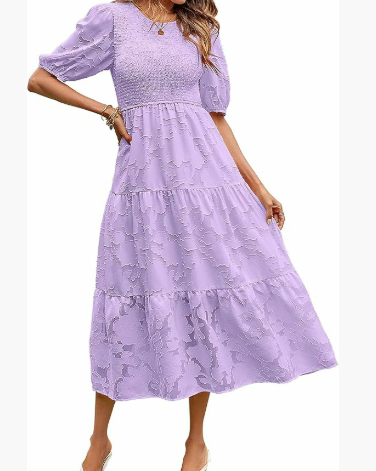 Garden Whimsy Textured Puff Sleeve Midi Dress