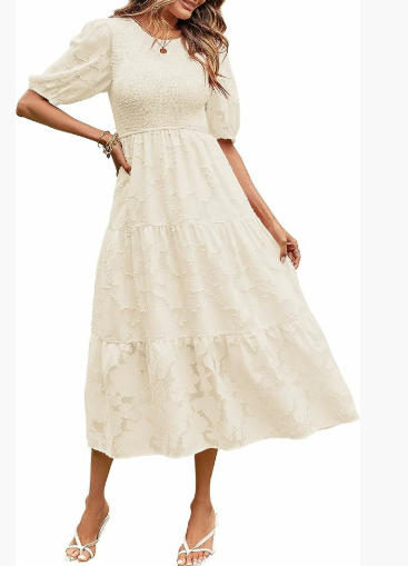 Garden Whimsy Textured Puff Sleeve Midi Dress