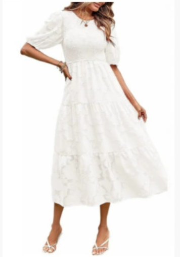 Garden Whimsy Textured Puff Sleeve Midi Dress