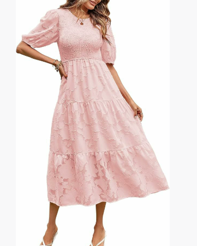 Garden Whimsy Textured Puff Sleeve Midi Dress
