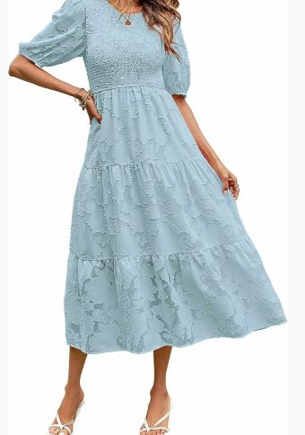 Garden Whimsy Textured Puff Sleeve Midi Dress