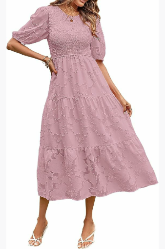 Garden Whimsy Textured Puff Sleeve Midi Dress