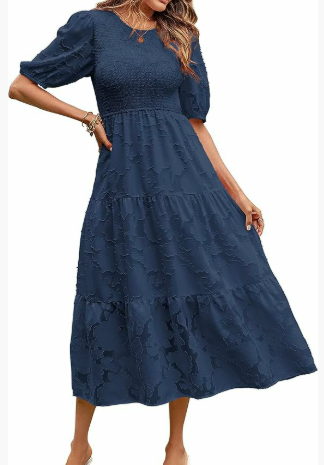 Garden Whimsy Textured Puff Sleeve Midi Dress