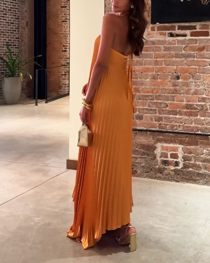 Golden Aura Pleated Halter Maxi Dress