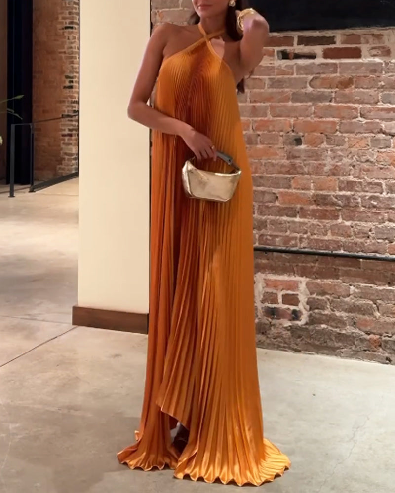 Golden Aura Pleated Halter Maxi Dress