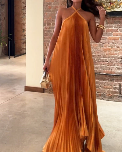 Golden Aura Pleated Halter Maxi Dress