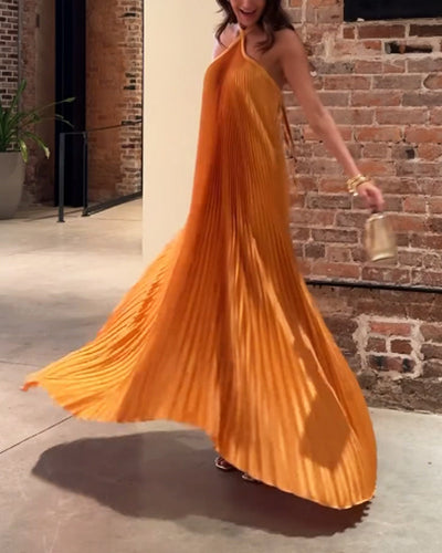 Golden Aura Pleated Halter Maxi Dress