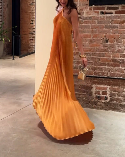 Golden Aura Pleated Halter Maxi Dress