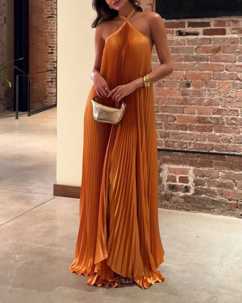 Golden Aura Pleated Halter Maxi Dress
