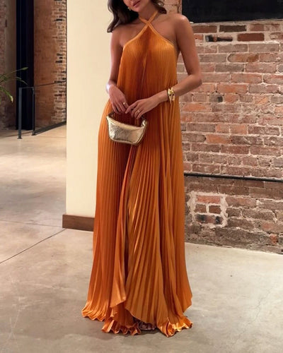 Golden Aura Pleated Halter Maxi Dress