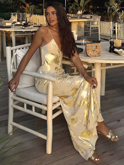 Golden Glow Backless Elegance Maxi Dress