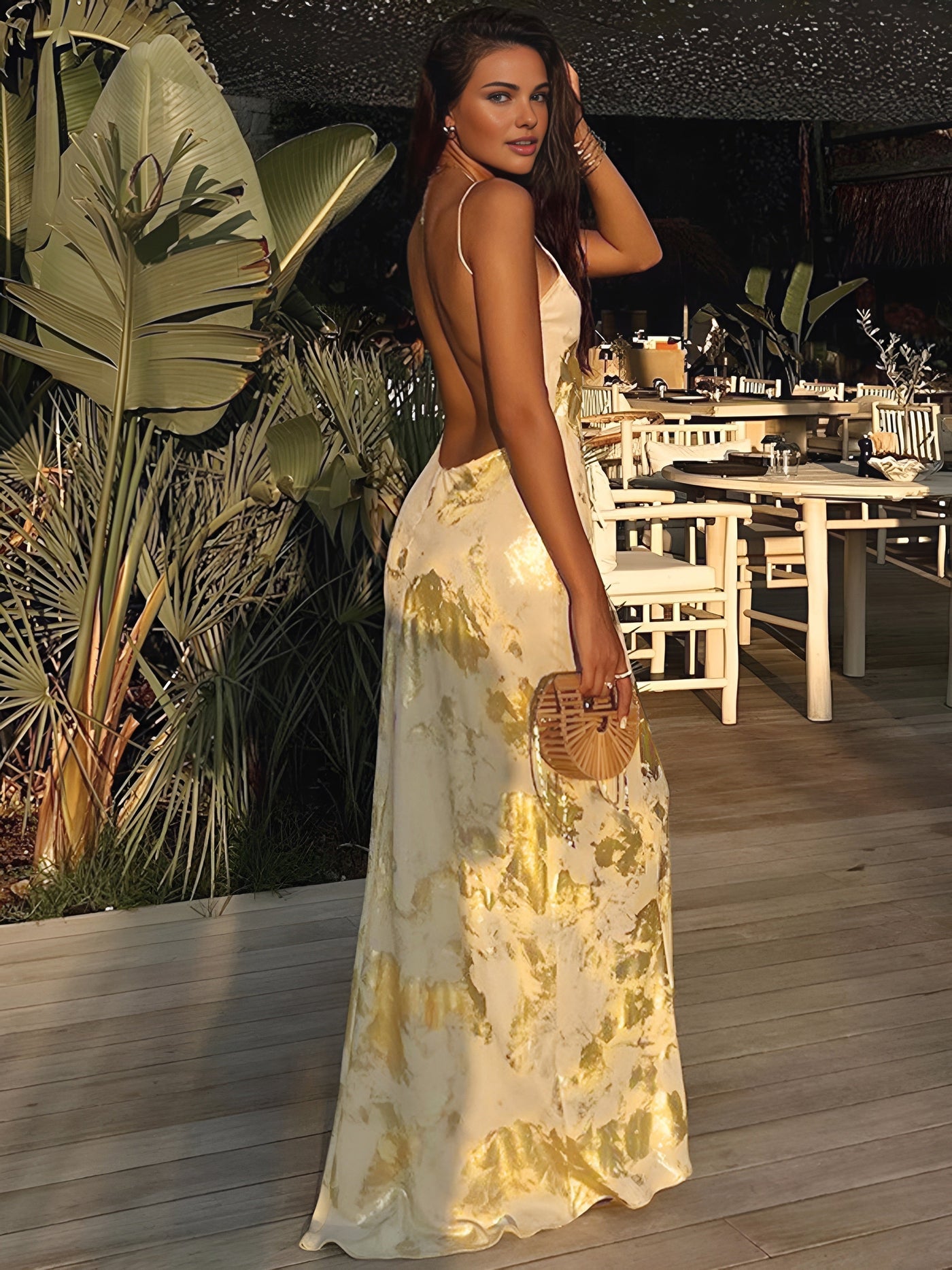 Golden Glow Backless Elegance Maxi Dress