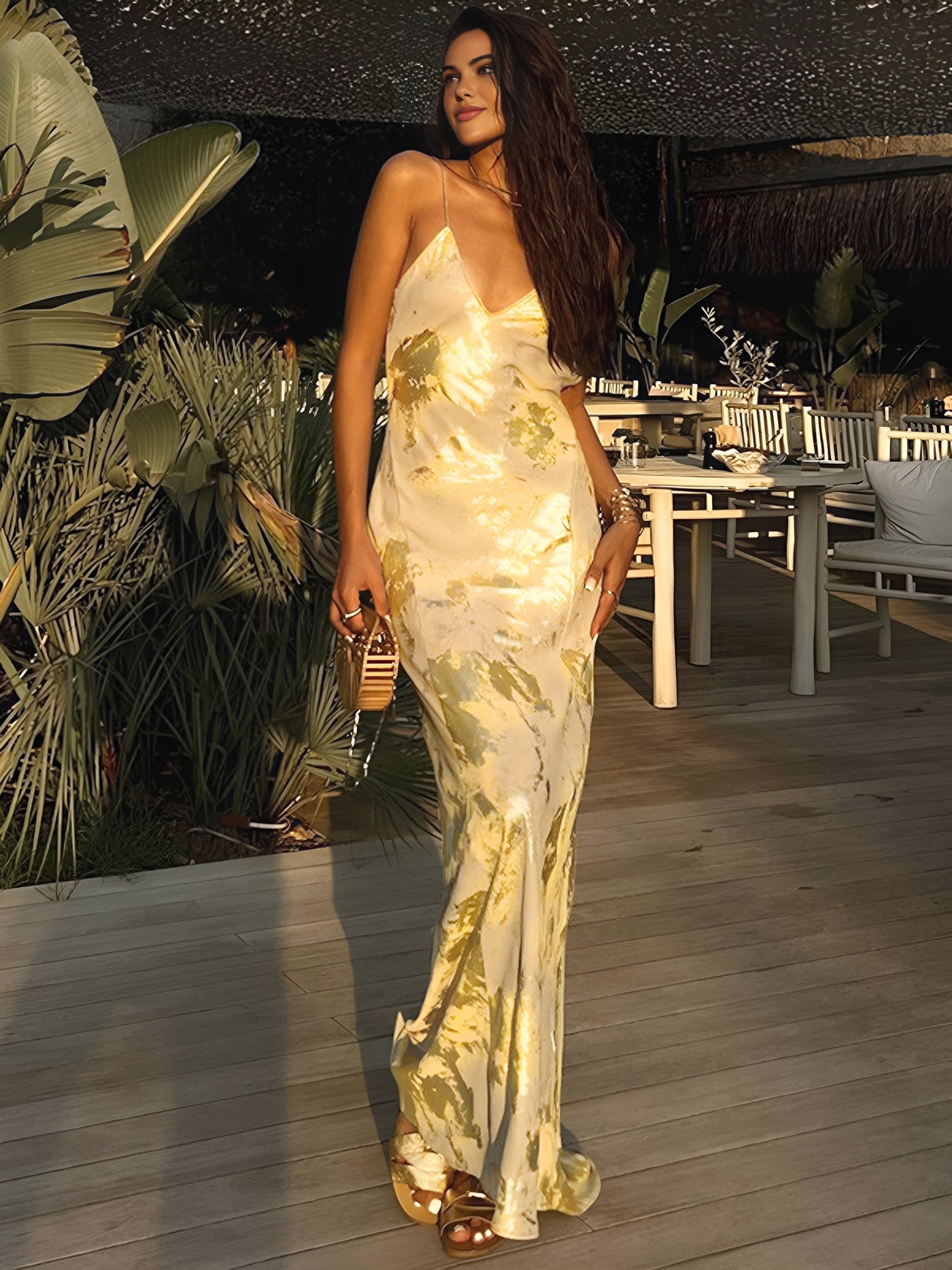 Golden Glow Backless Elegance Maxi Dress
