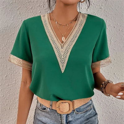Golden Serenity Crochet Trim Blouse