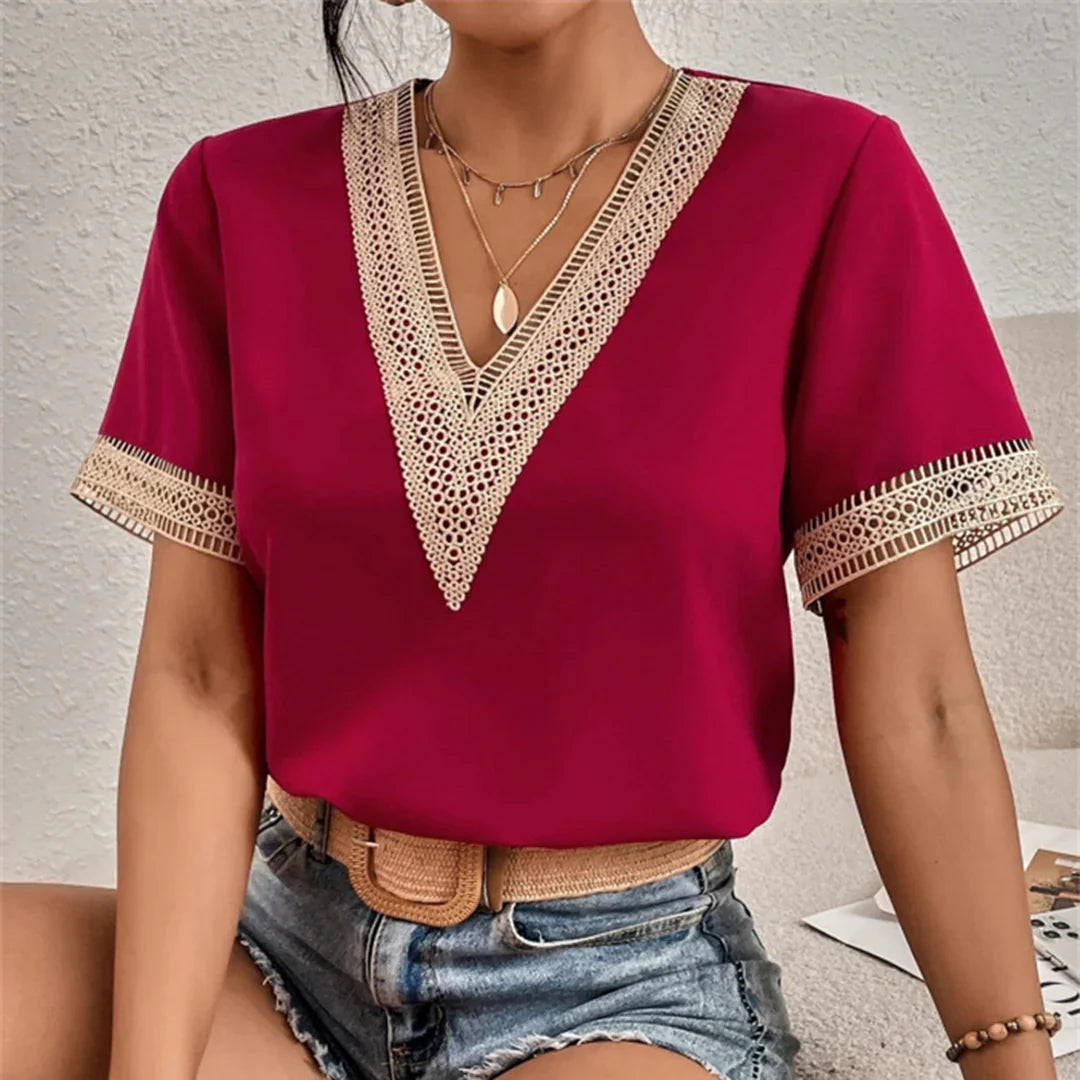 Golden Serenity Crochet Trim Blouse