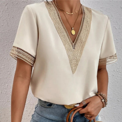 Golden Serenity Crochet Trim Blouse