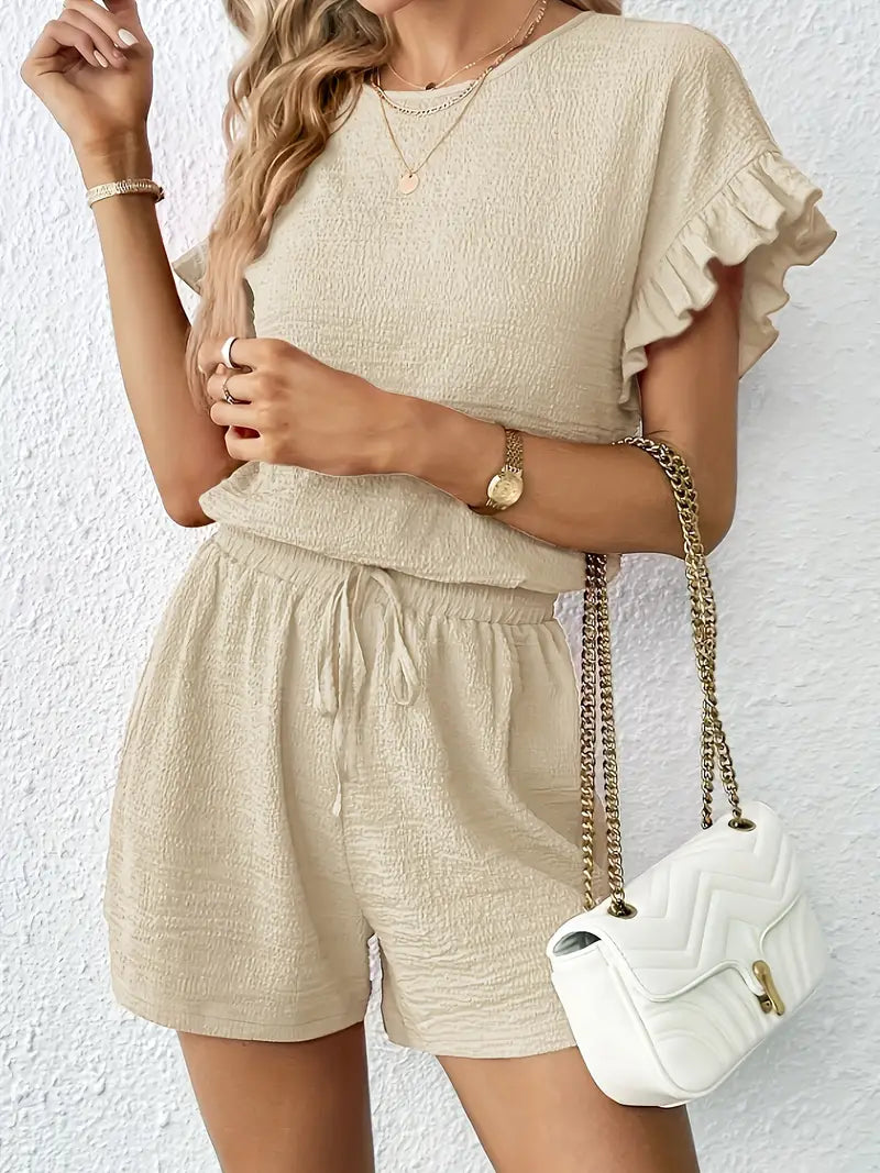 Golden Serenity Ruffle-Sleeve Short Set